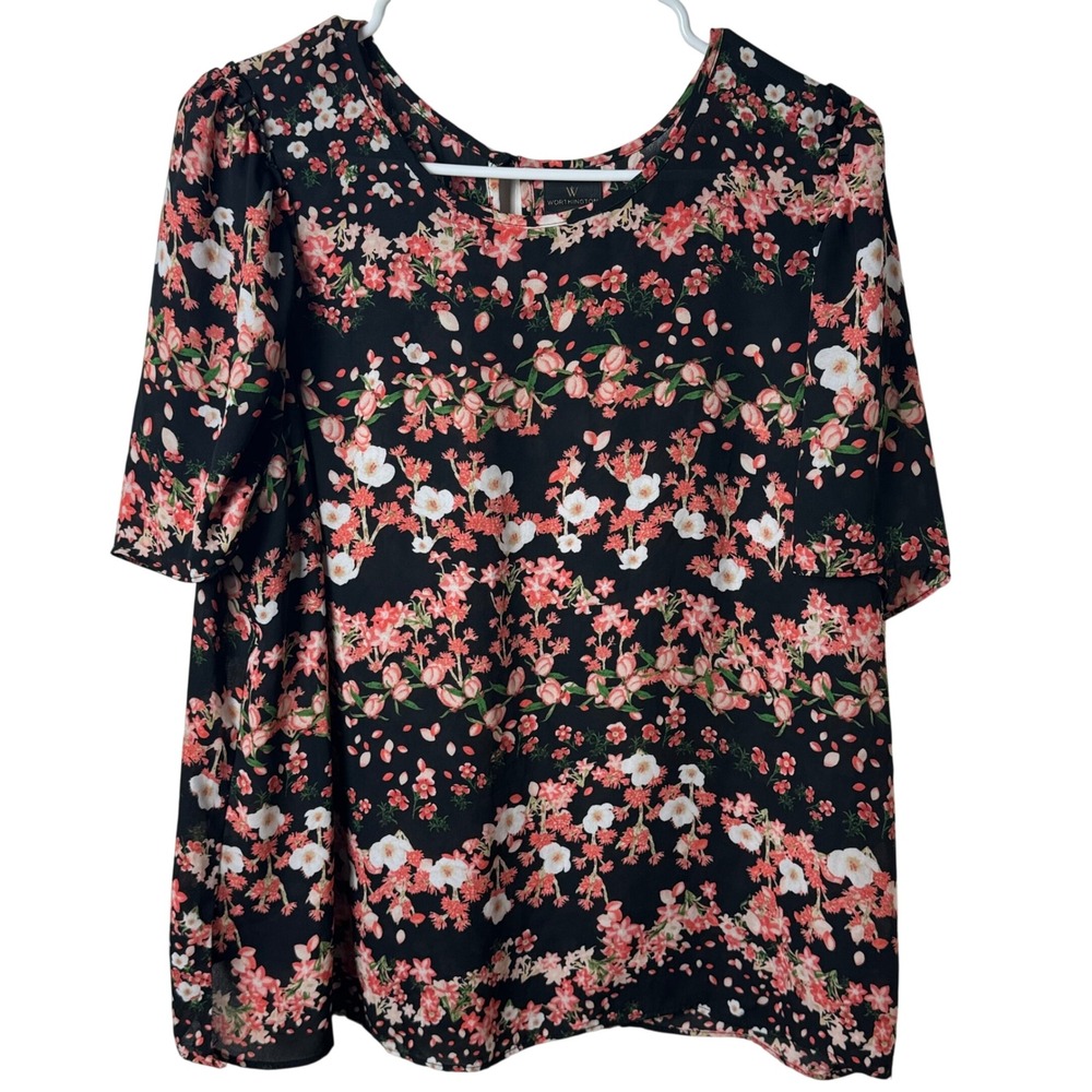 Worthington Blouse Womens XL Black Rose Pink Floral Short Sleeve Career Top